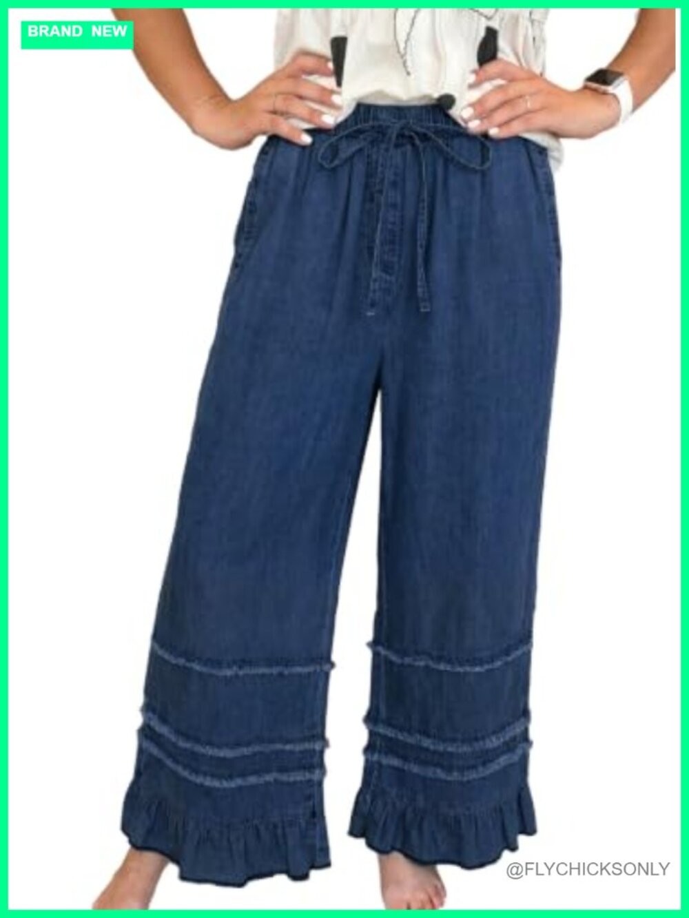 Wide Leg High Rise Ruffle Hem Stretch Denim Pull On Jeans
